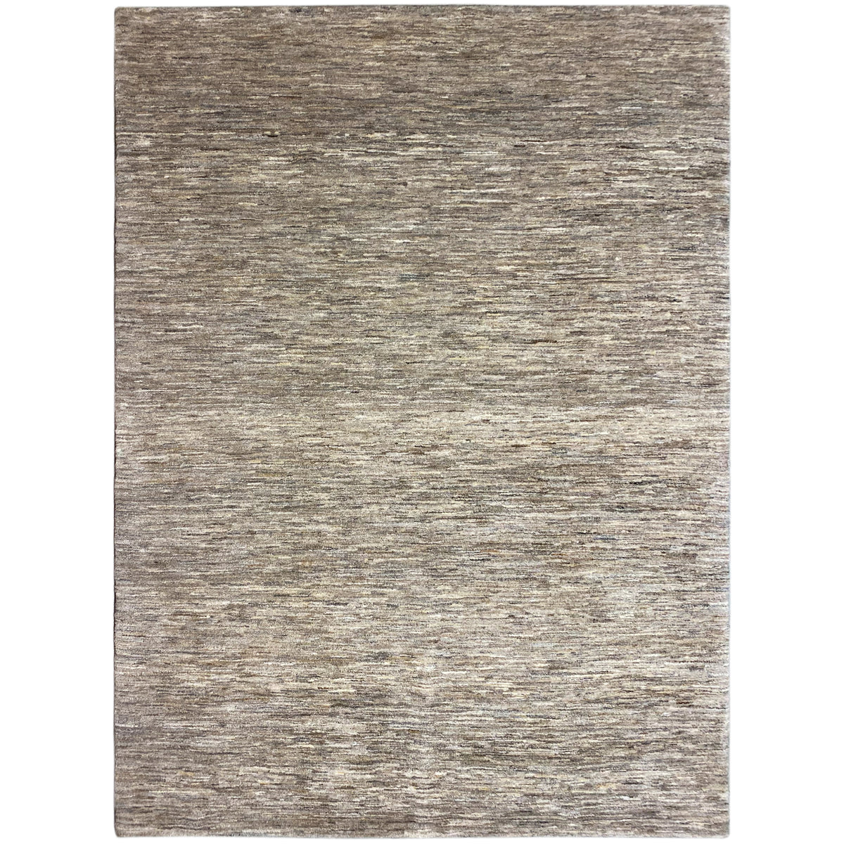 Gabbeh rug, front view: rectangular, beige-gray mottled surface with a fine texture