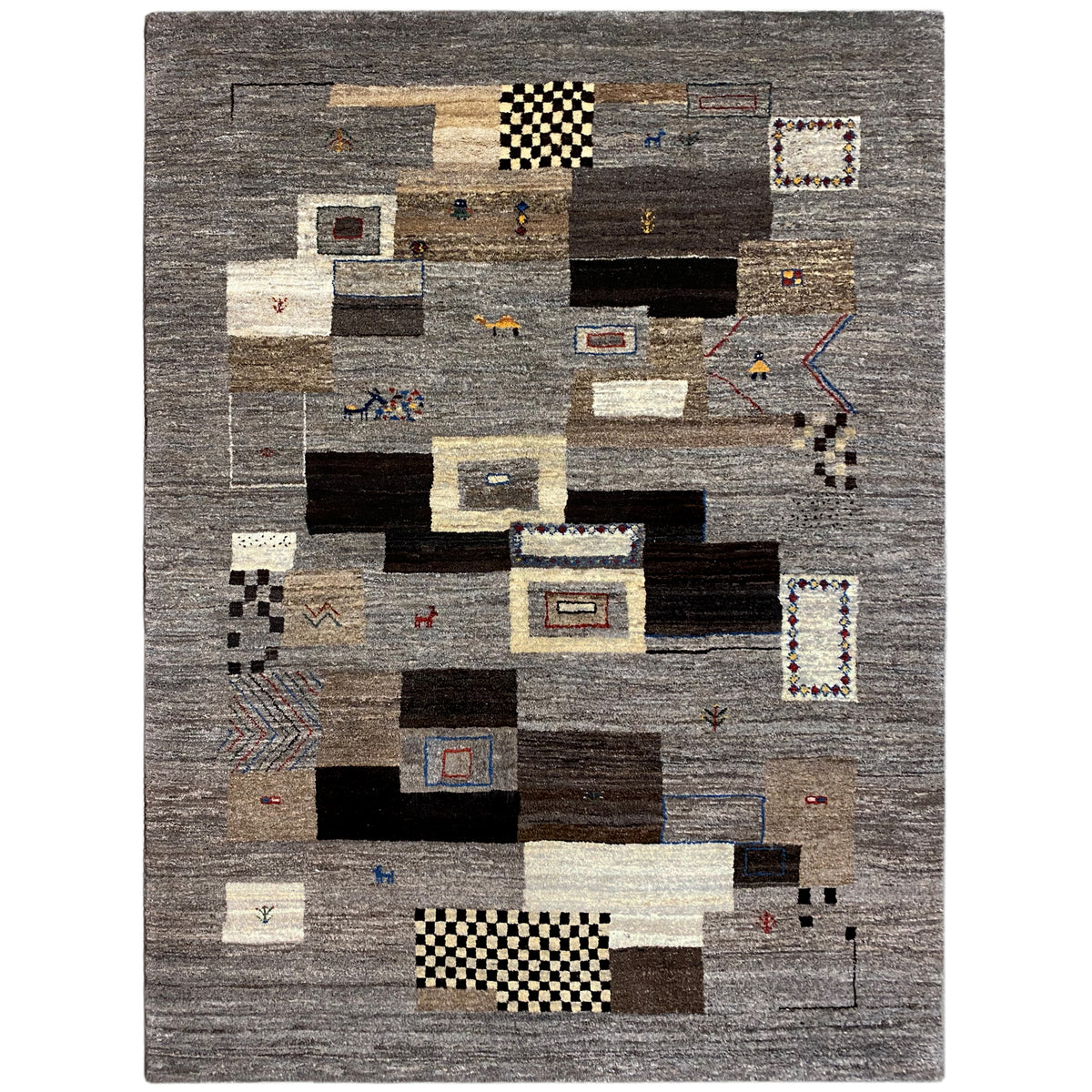 Gabbeh rug 235x171 cm, geometric shapes in gray, black, and beige
