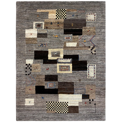 Gabbeh rug 235x171 cm, geometric shapes in gray, black, and beige