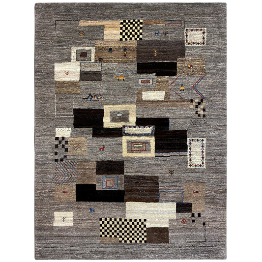 Gabbeh rug 235x171 cm, geometric shapes in gray, black, and beige