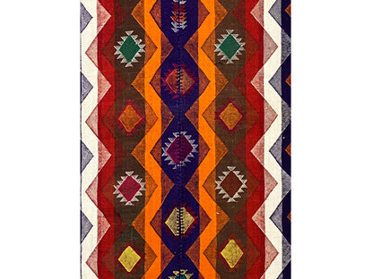 Jajim rug with an upright diamond and zigzag pattern in red, blue, orange, and green