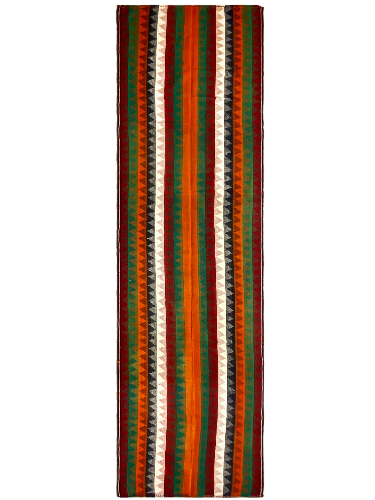 Jajim runner rug with vertical stripes in green, orange, red, and white, rectangular