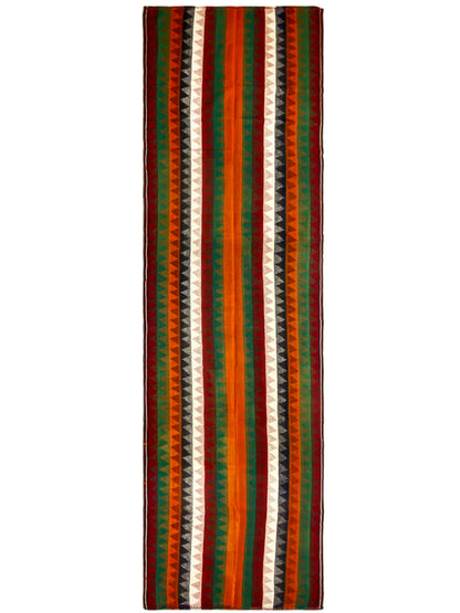 Jajim runner rug with vertical stripes in green, orange, red, and white, rectangular