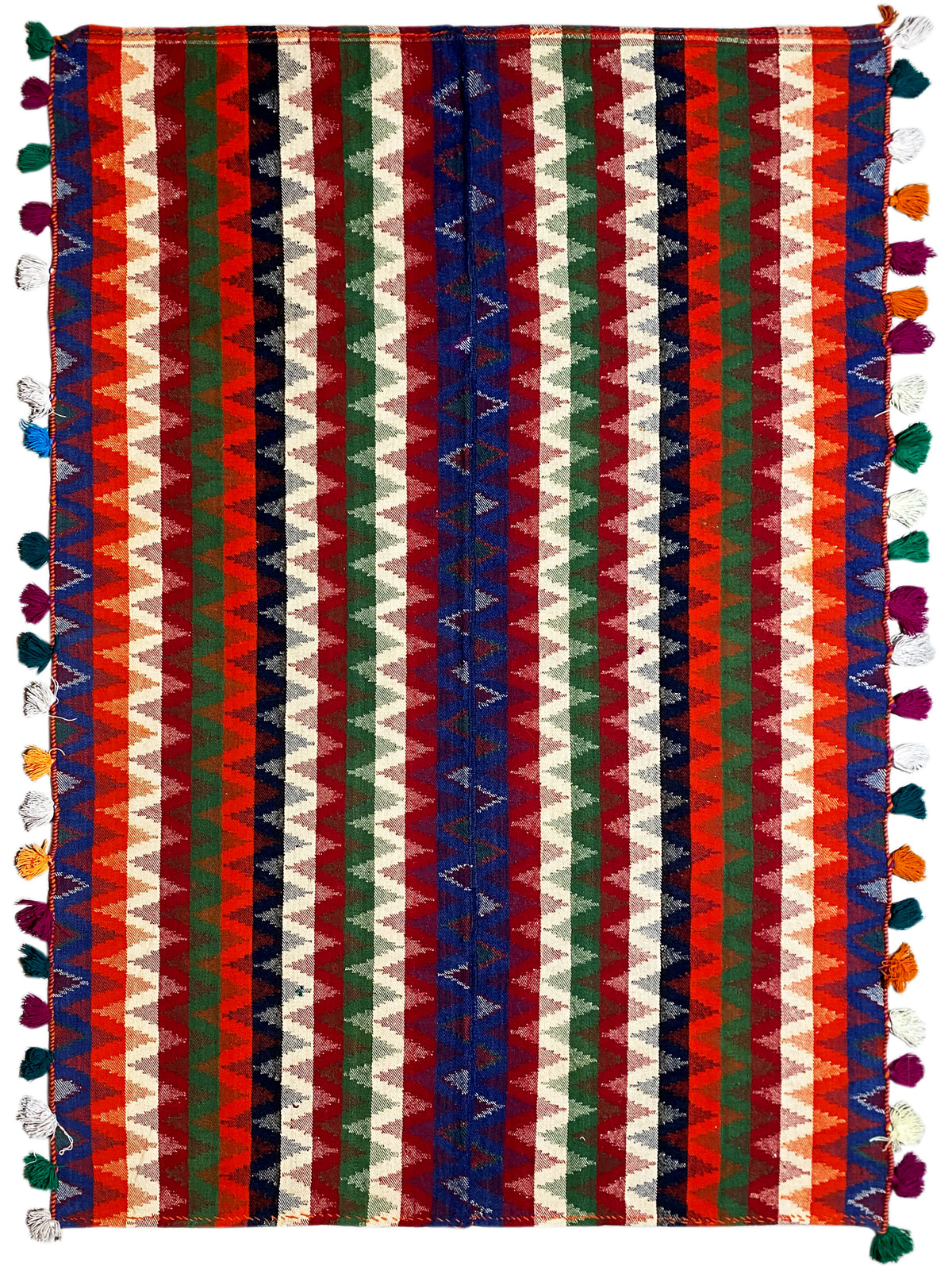 Rectangular rug with multicolored stripes and colorful tassels along all edges
