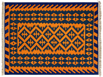Kilim rug with geometric patterns in orange and dark blue, fringes