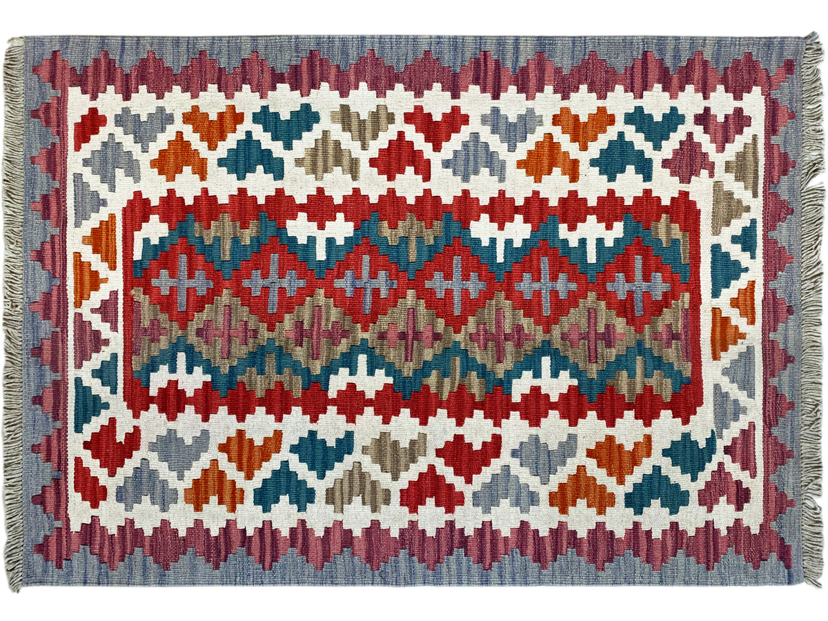 Rectangular kilim rug with border and geometric ornamental pattern, multicolored