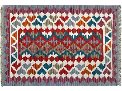 Rectangular kilim rug with border and geometric ornamental pattern, multicolored