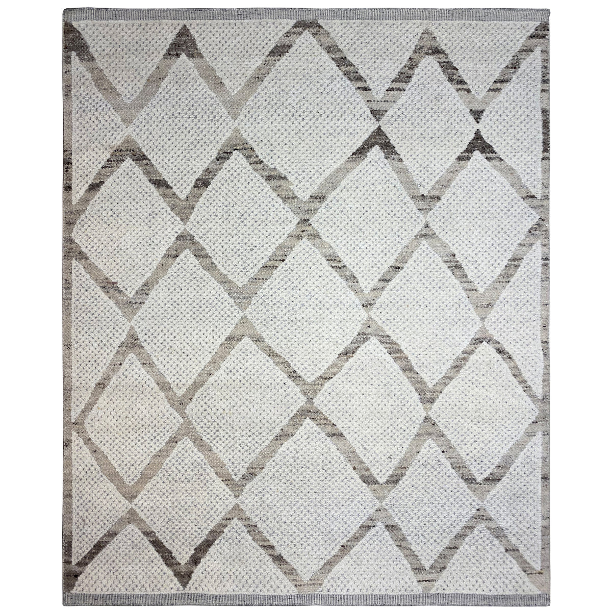 Square Berber rug with a geometric cube and zigzag pattern in beige