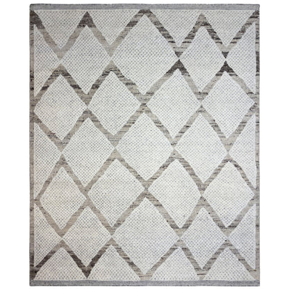 Square Berber rug with a geometric cube and zigzag pattern in beige