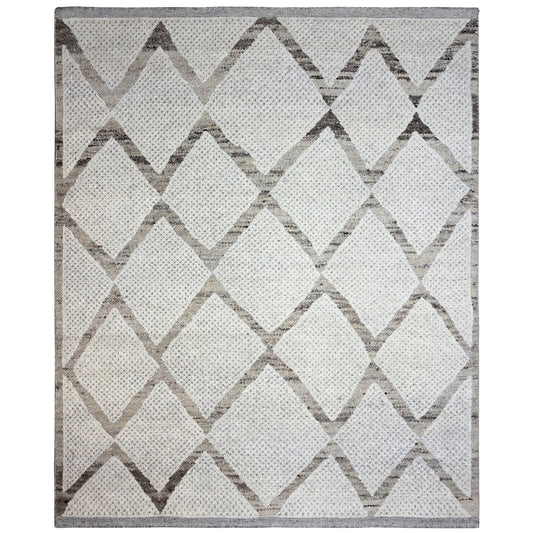 Square Berber rug with a geometric cube and zigzag pattern in beige