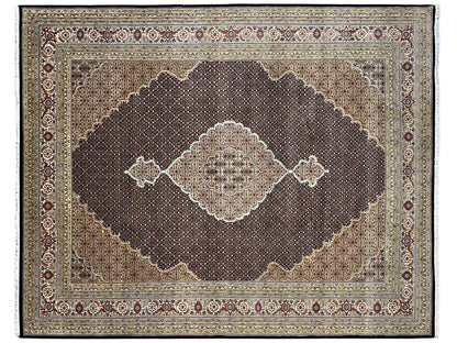 Oriental rug with a large brown medallion, beige field, and surrounding border