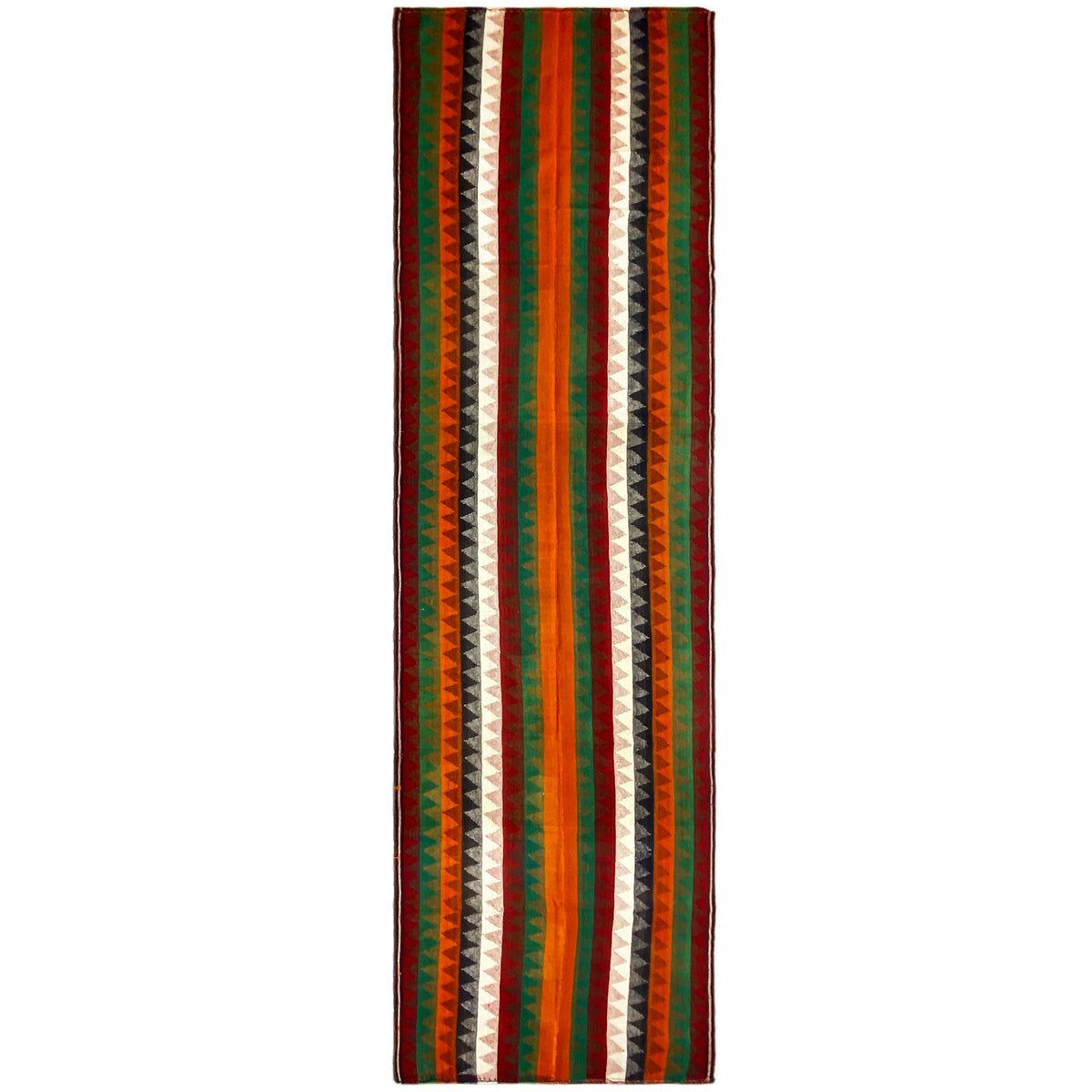 Jajim runner rug with multicolored stripes and zigzag patterns, rectangular, bound edges