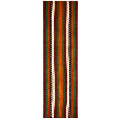 Jajim runner rug with multicolored stripes and zigzag patterns, rectangular, bound edges