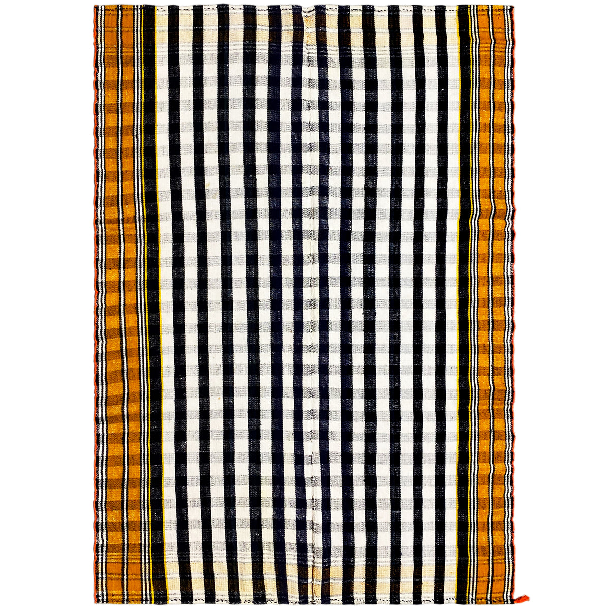 Jajim rug with a black-and-white striped pattern and a yellow-orange border trim