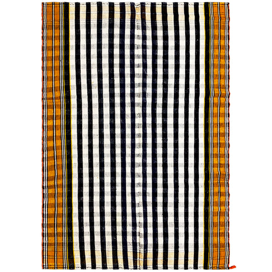 Jajim rug with a black-and-white striped pattern and a yellow-orange border trim