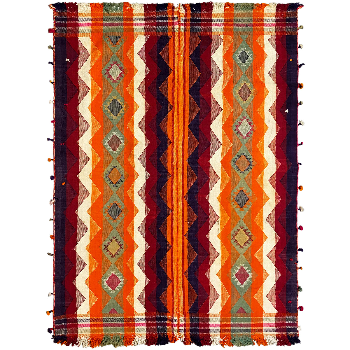 Rectangular Jajim rug with fringes, striped with zigzags and diamonds