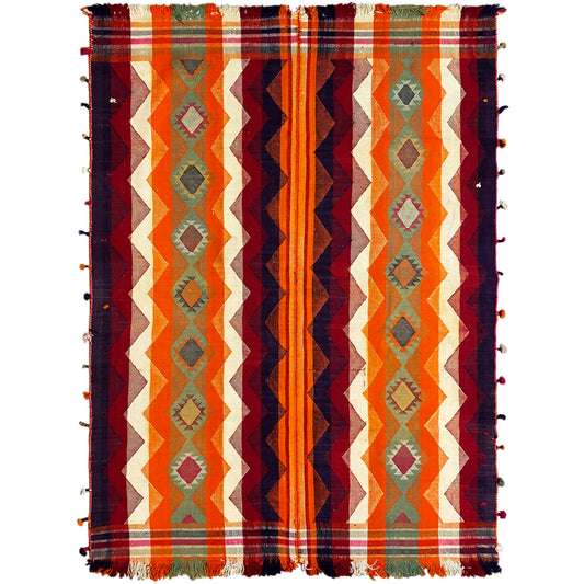 Rectangular Jajim rug with fringes, striped with zigzags and diamonds