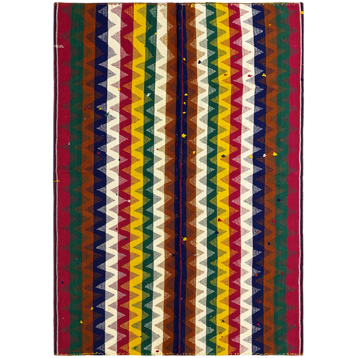 Rectangular jajim rug with zigzag and chevron patterns in red, green, blue, and cream