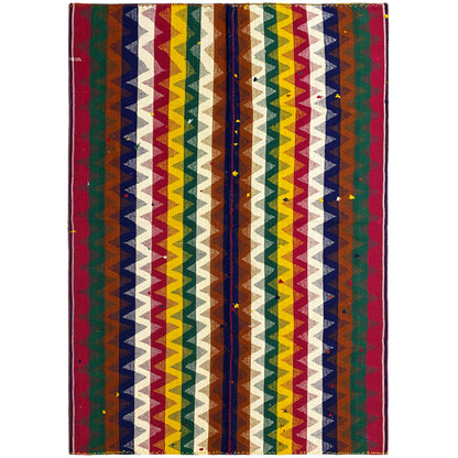 Rectangular jajim rug with zigzag and chevron patterns in red, green, blue, and cream