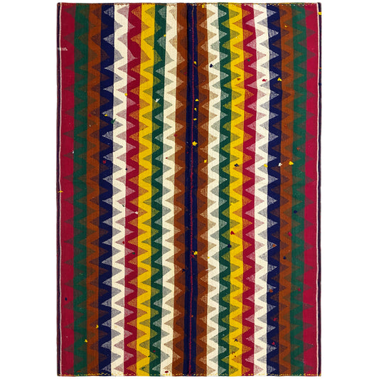 Rectangular jajim rug with zigzag and chevron patterns in red, green, blue, and cream