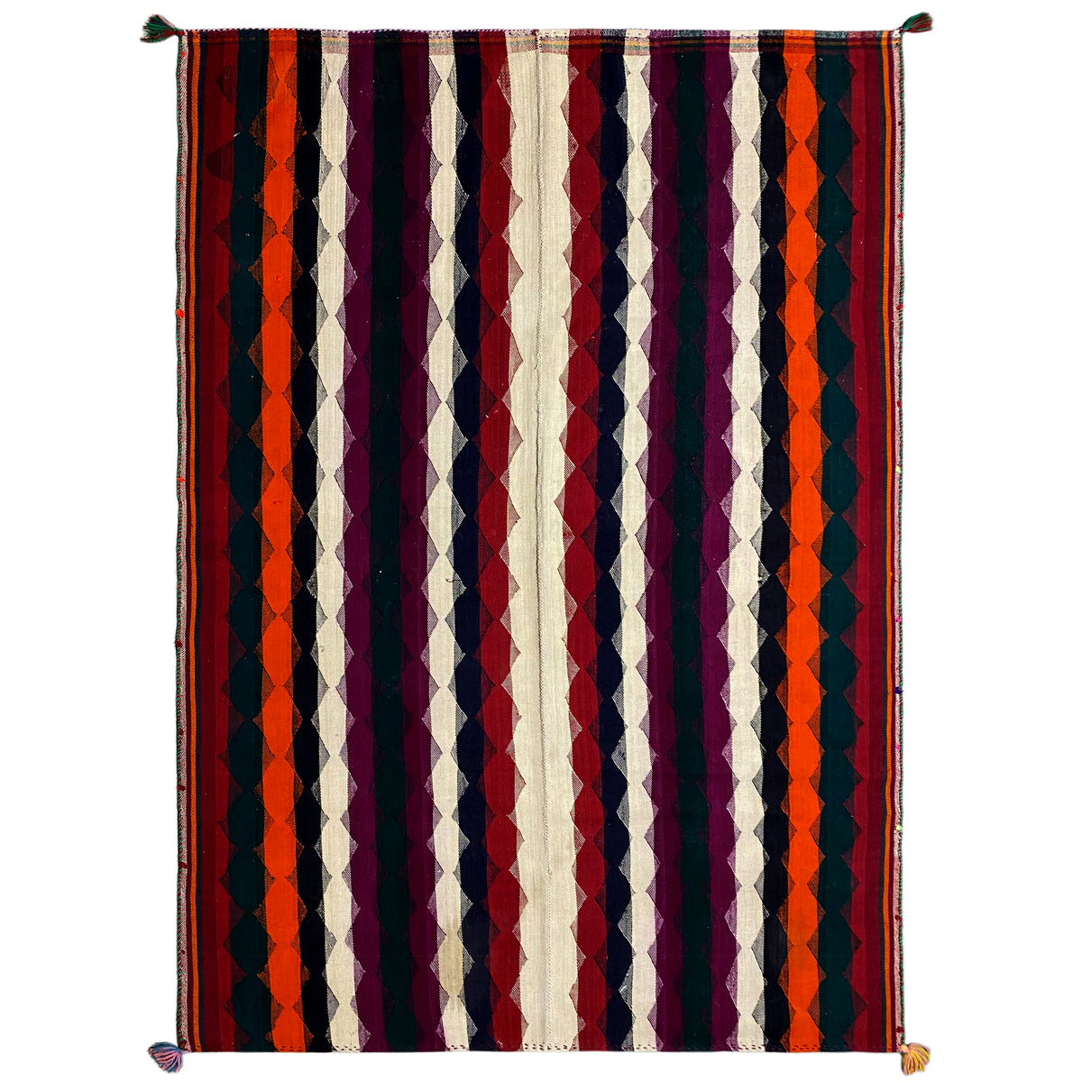 Colorful jajim rug with vertical stripes in purple, orange, dark blue, and cream