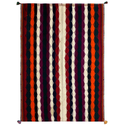 Colorful jajim rug with vertical stripes in purple, orange, dark blue, and cream