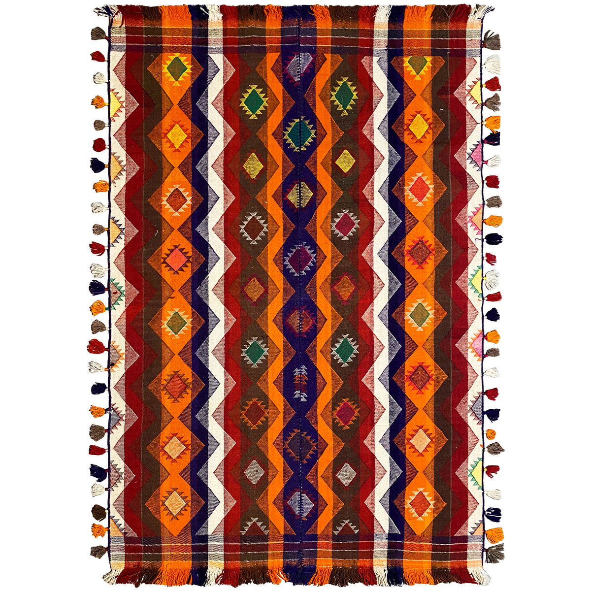 Jajim rug 237x150 cm with a geometric rhombus pattern in orange, blue, and multicolored tones