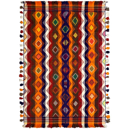 Jajim rug 237x150 cm with a geometric rhombus pattern in orange, blue, and multicolored tones