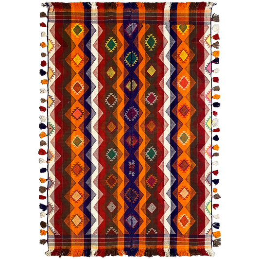 Jajim rug 237x150 cm with a geometric rhombus pattern in orange, blue, and multicolored tones