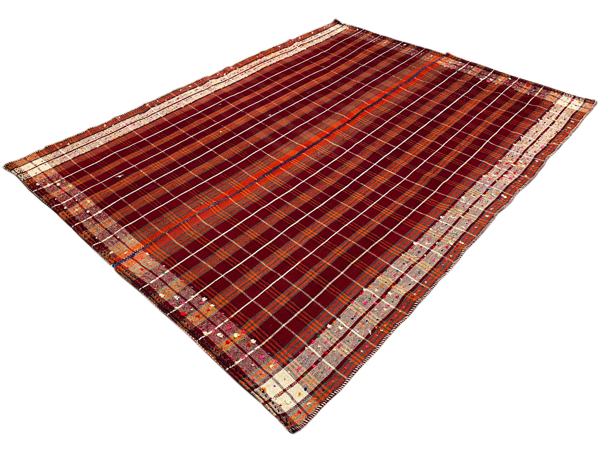 Reddish-brown Jajim rug with a fine checked pattern and a wide border trim