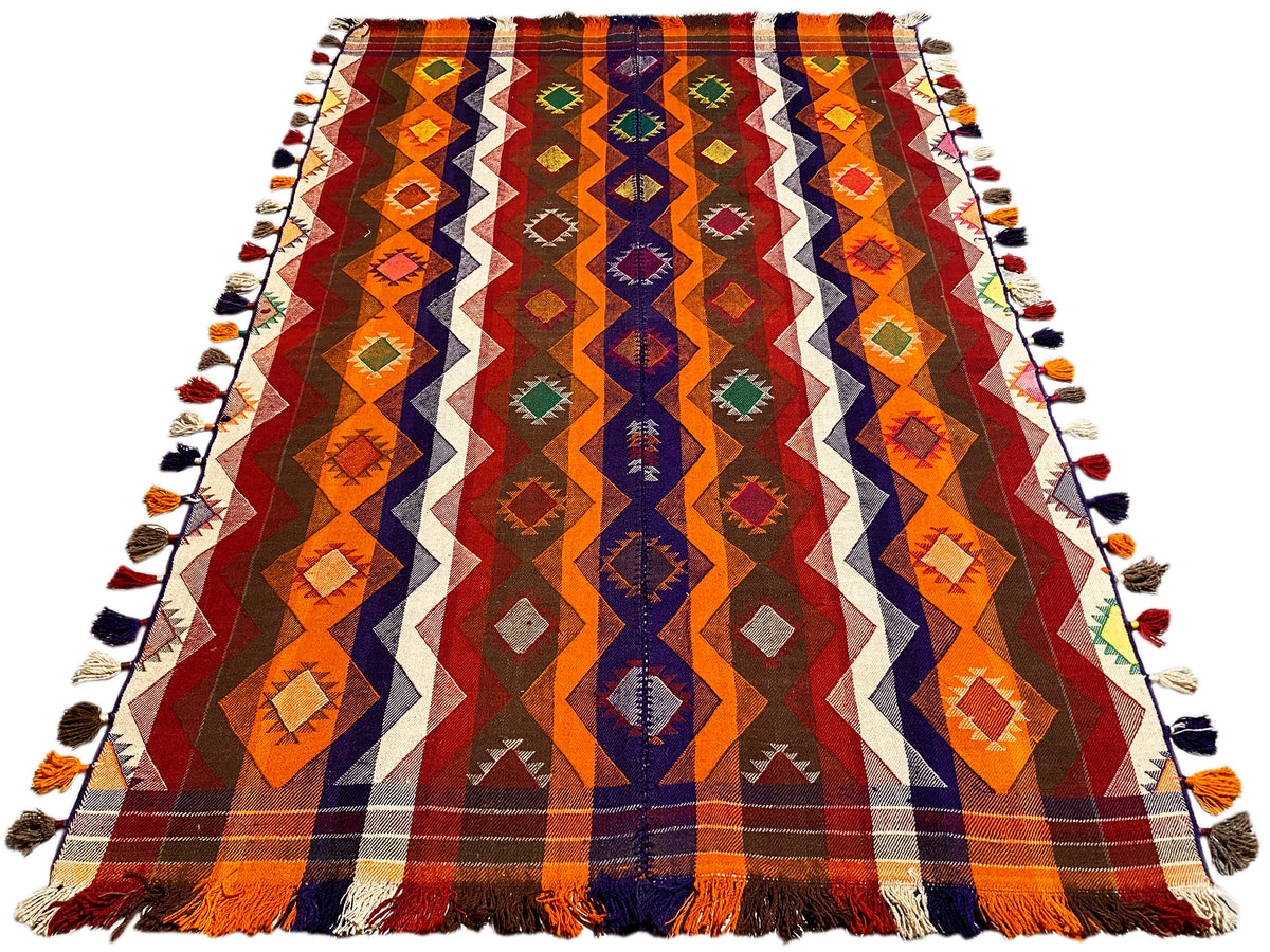 Jajim rug 237x150 cm spread diagonally, geometric diamonds in orange, blue, and green