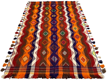Jajim rug 237x150 cm spread diagonally, geometric diamonds in orange, blue, and green