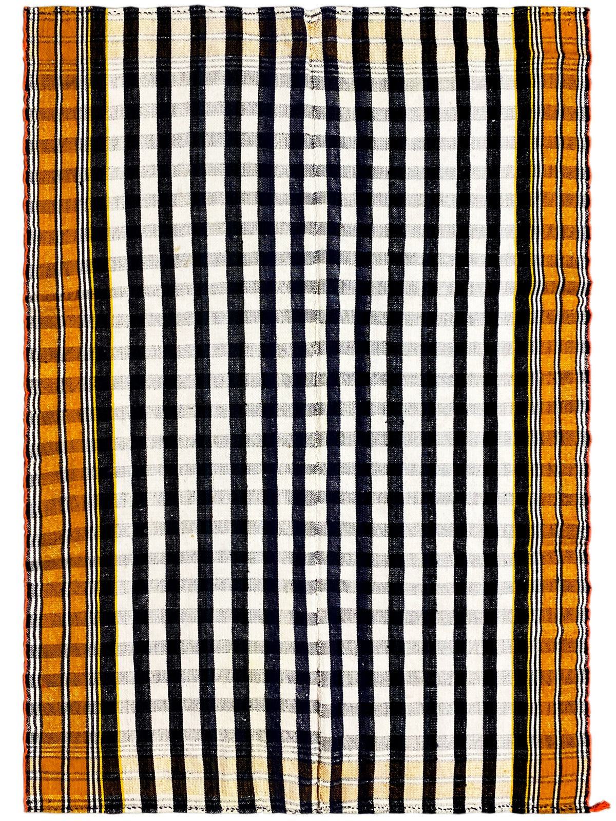 Jajim rug front view with a black-and-white checkerboard pattern and yellow-orange border trim
