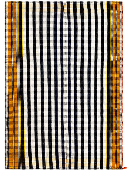 Jajim rug front view with a black-and-white checkerboard pattern and yellow-orange border trim