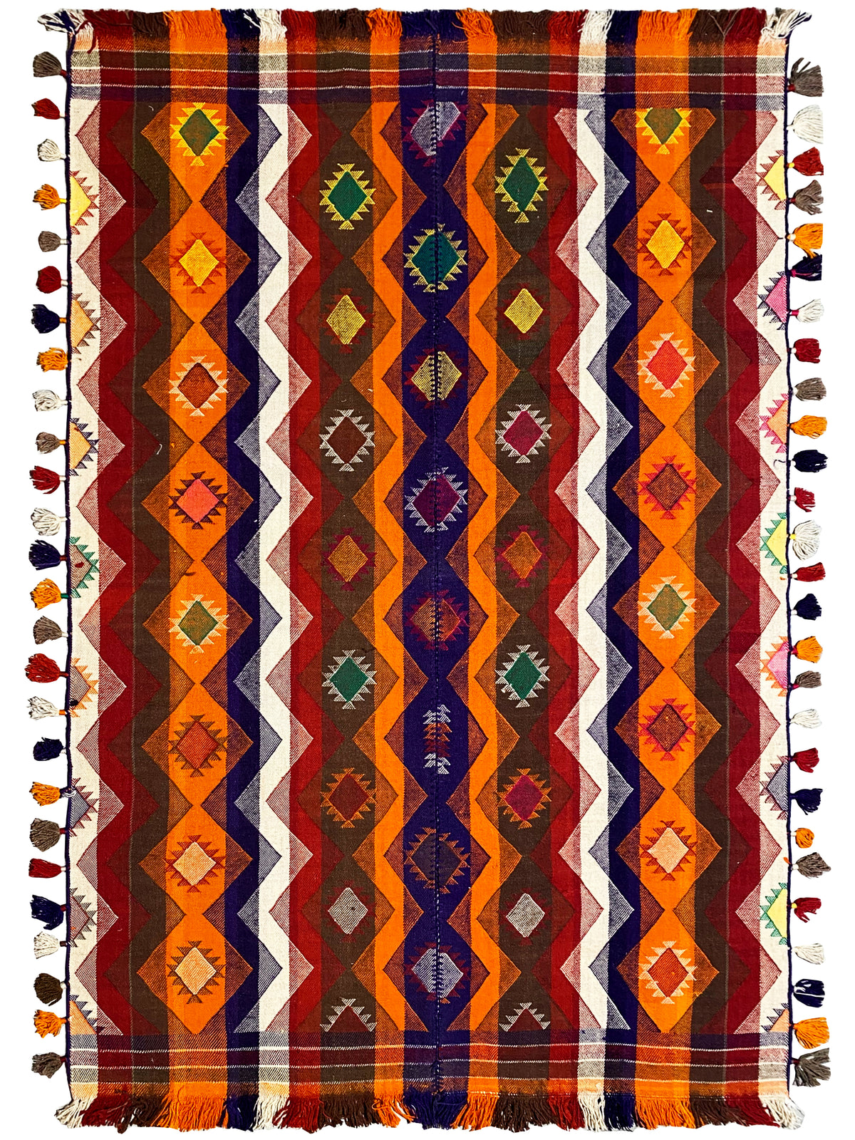 Jajim rug 237x150 cm rectangular with diamond stripes, colorful accents, and fringes