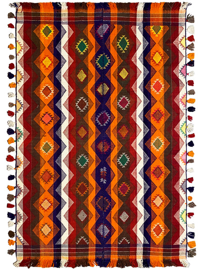 Jajim rug 237x150 cm rectangular with diamond stripes, colorful accents, and fringes