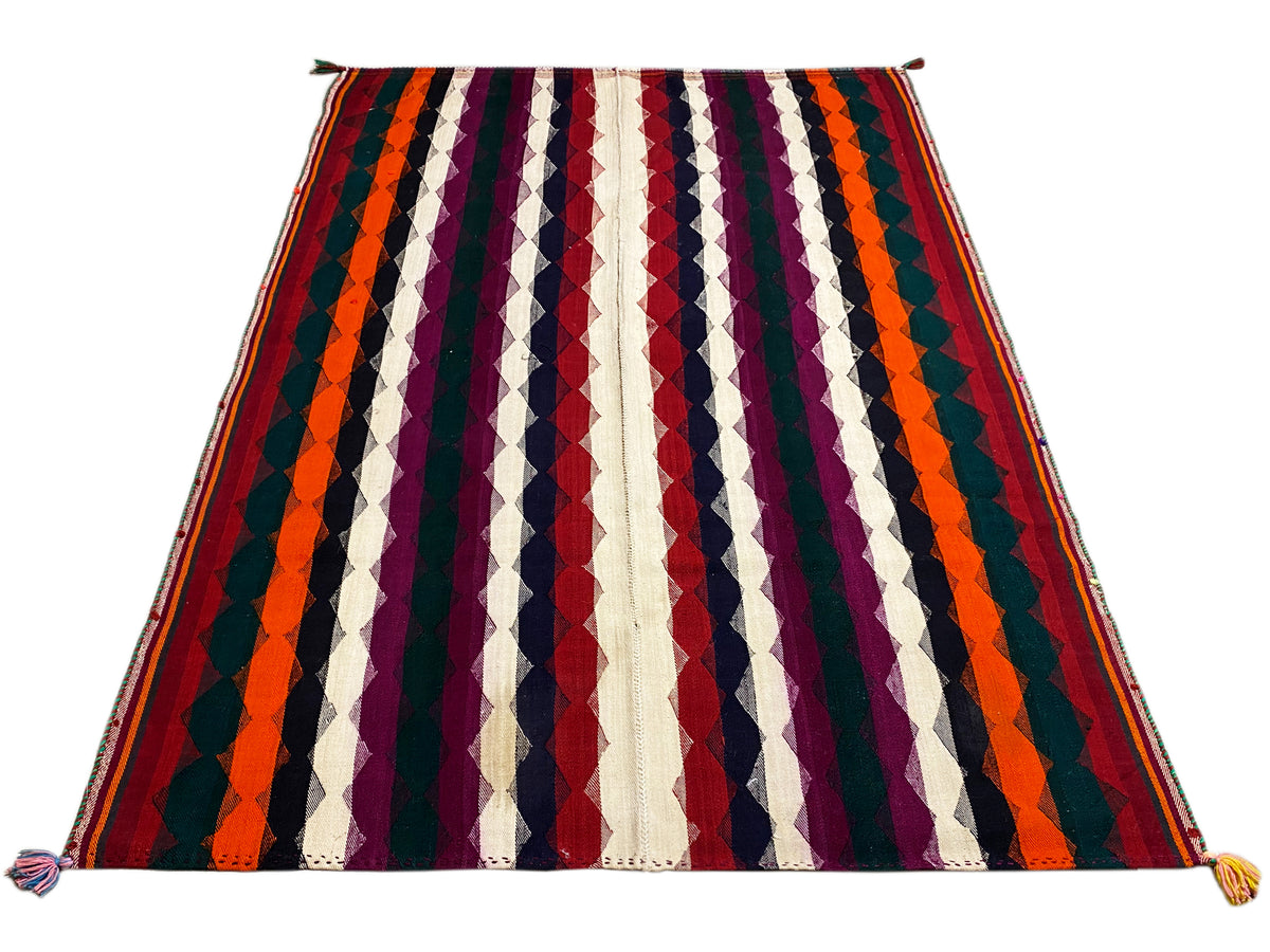 Colorful jajim rug with diagonal stripes in orange, purple, navy blue, and cream