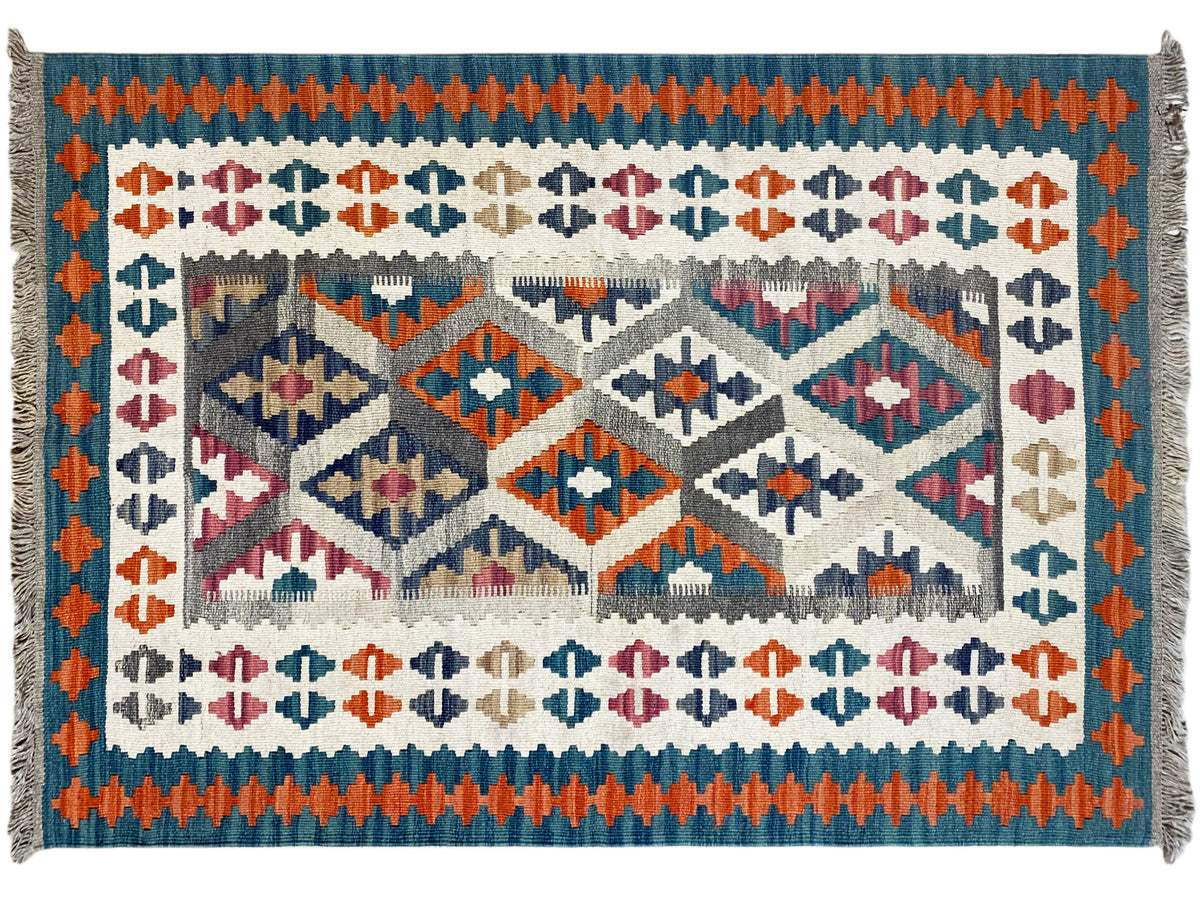 Kilim rug with a square ornamental field, multicolored geometric patterns, fringes