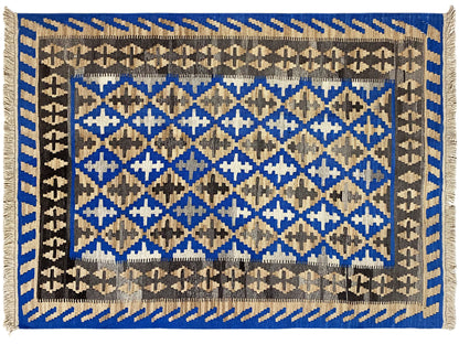 Kilim rug with a wide border: blue diamond and cross pattern, fringes all around
