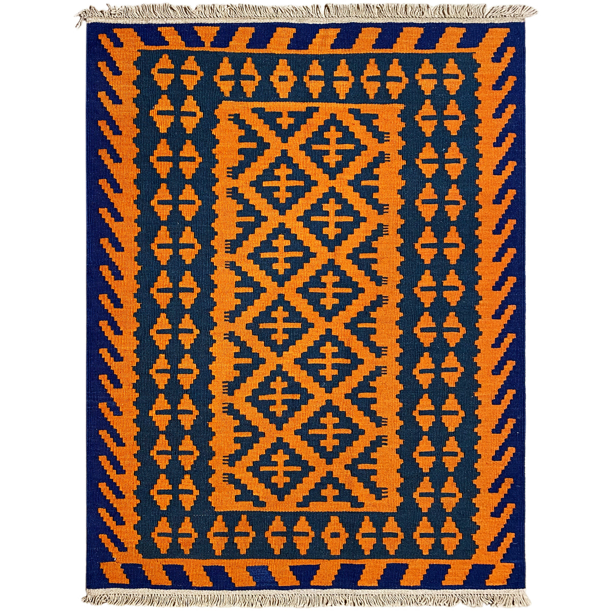 Kilim rug with a central motif and border motifs in orange and dark blue, fringes