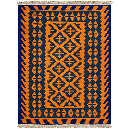 Kilim rug with a central motif and border motifs in orange and dark blue, fringes