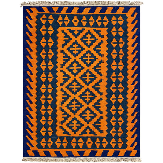 Kilim rug with a central motif and border motifs in orange and dark blue, fringes