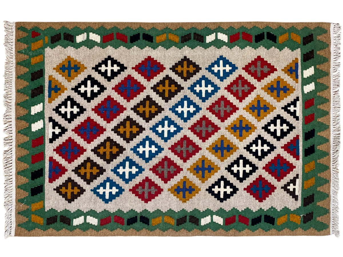 Kelim Qashqai rug 147x95 cm with diamond pattern in blue, red, yellow and black