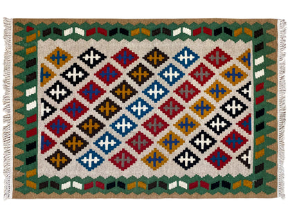 Kelim Qashqai rug 147x95 cm with diamond pattern in blue, red, yellow and black