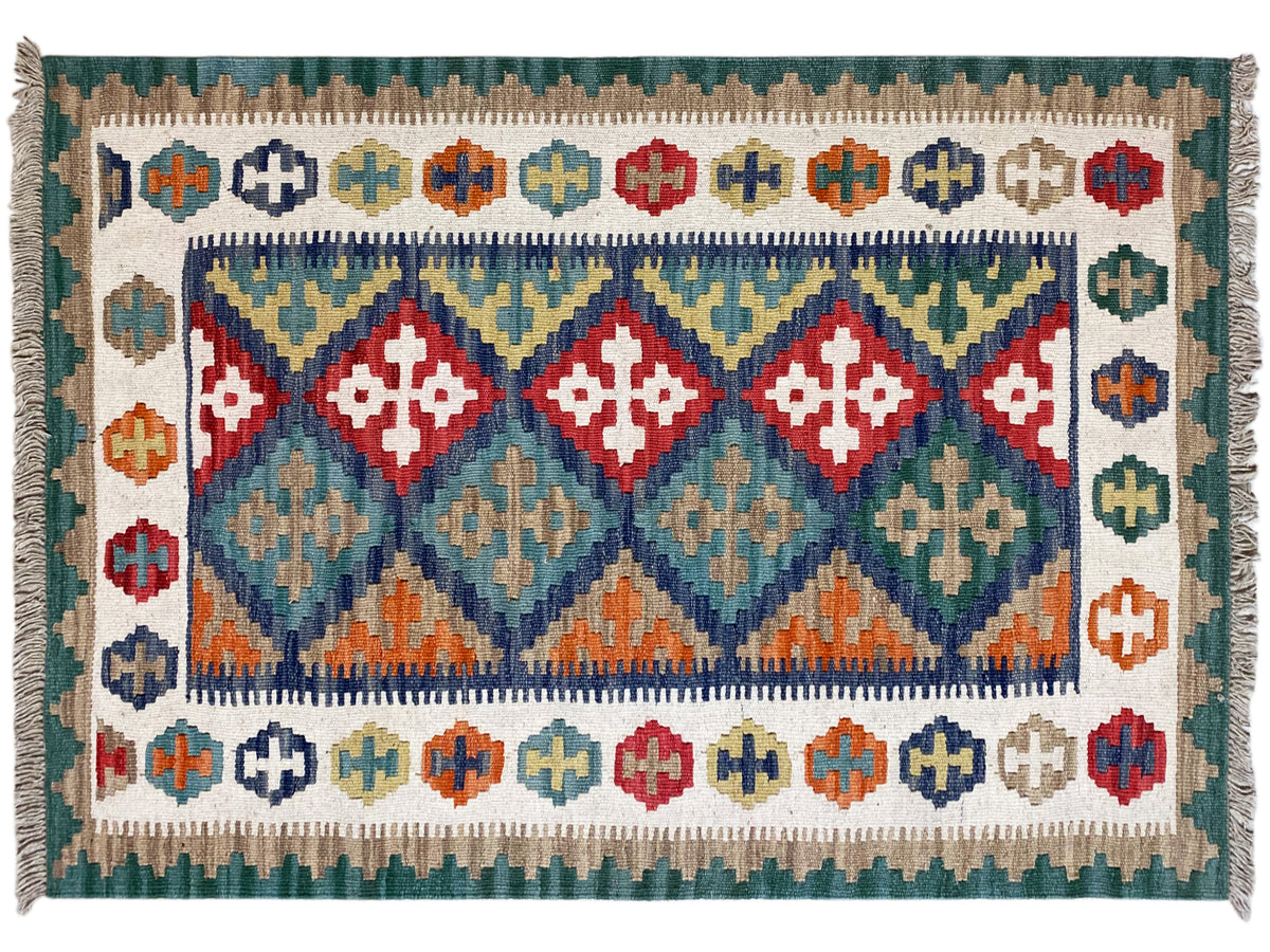 Kilim rug with a central diamond pattern and colorful decorative stripes, with fringes