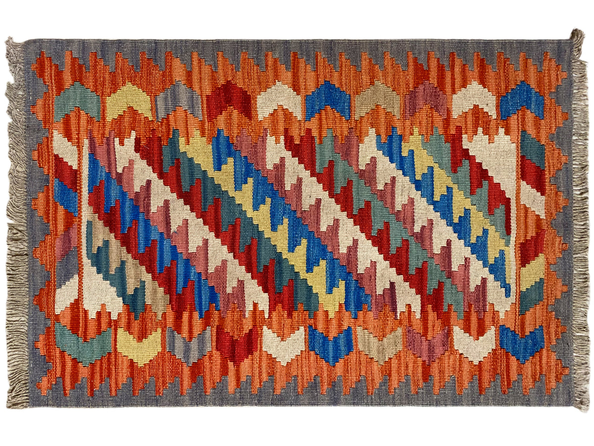 Kilim Qashqai rug with zigzag and rectangular patterns in orange, blue and green, 121x78 cm