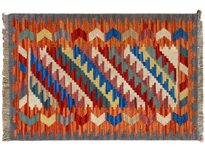 Kilim Qashqai rug with zigzag and rectangular patterns in orange, blue and green, 121x78 cm