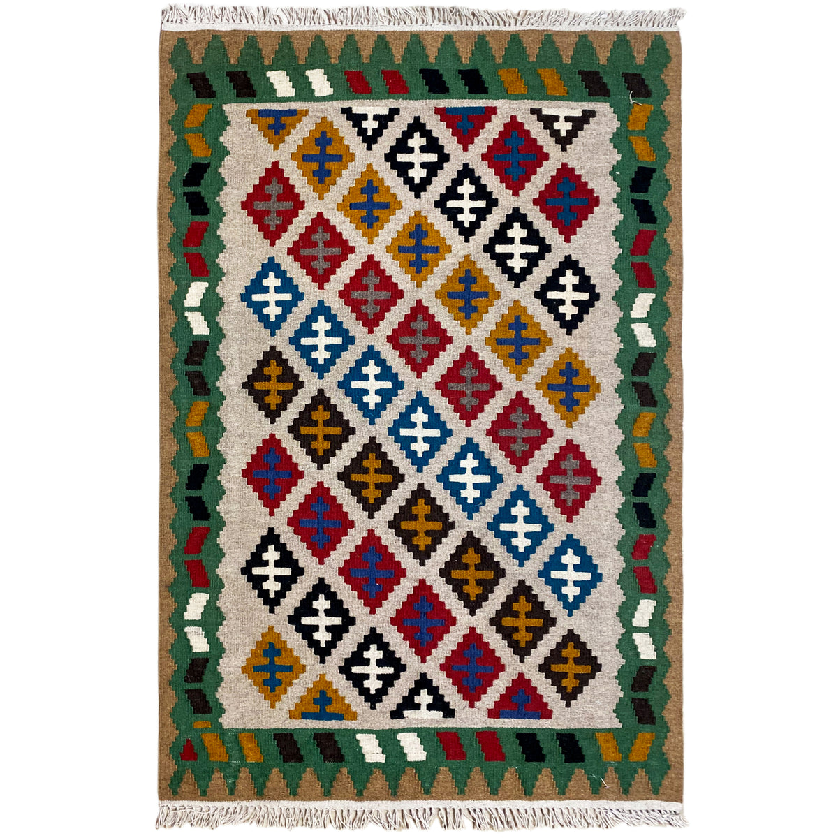 Kelim Qashqai rug 147x95 cm, front view with a diamond pattern and green borders