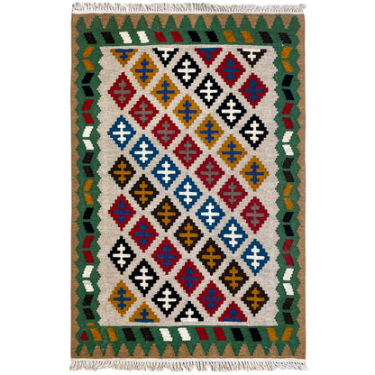 Kelim Qashqai rug 147x95 cm, front view with a diamond pattern and green borders