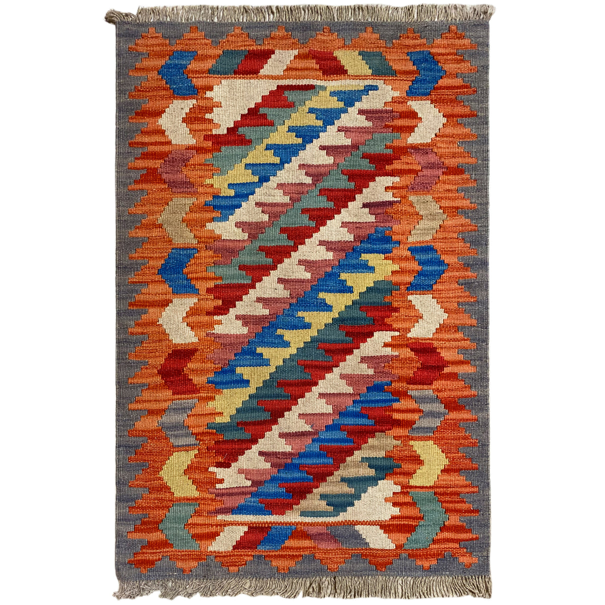 Kilim Qashqai rug, large-scale chevron pattern in orange, blue, red and white, 121x78 cm